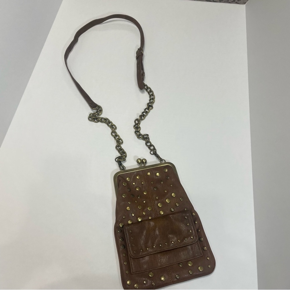 Jessica Simpson Brown Studded Leather Messenger crossbody Bag. Lining picture